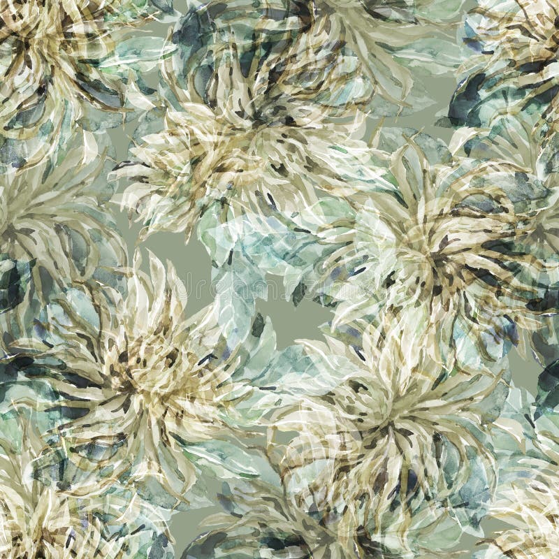 Dahlia flowers on green background. Seamless pattern for decor.