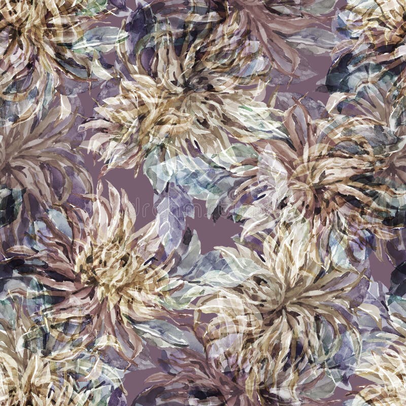 Dahlia flowers on violet background. Seamless pattern for decor.