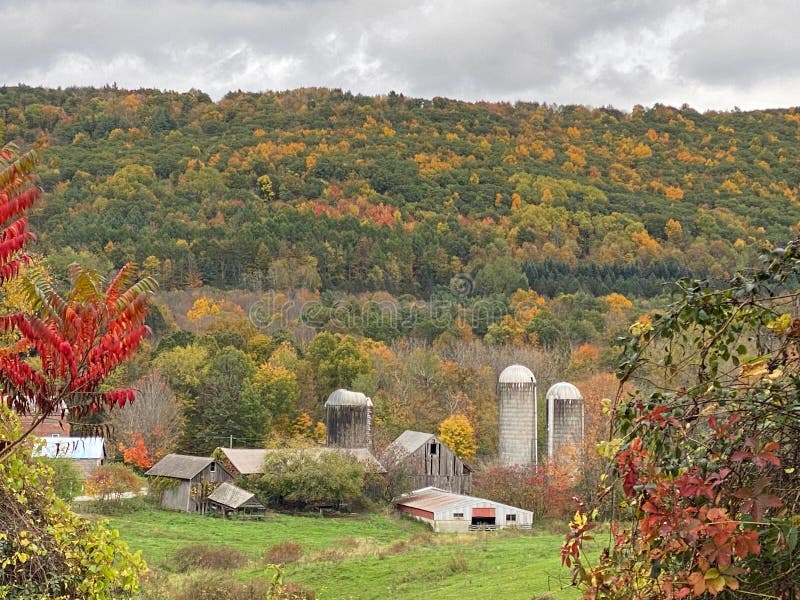 Farm in Upstate NY with Pond and Mountains in the Background Stock