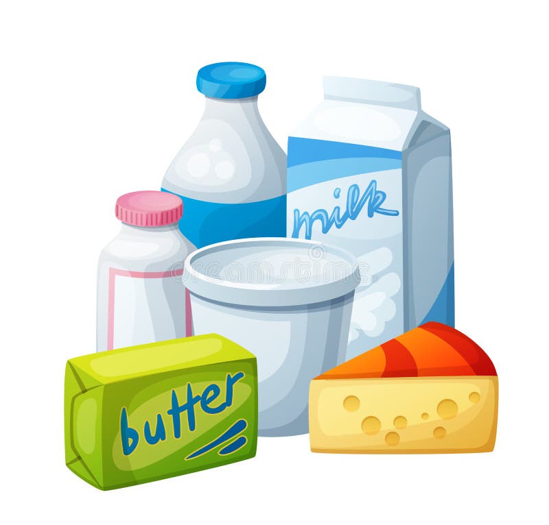 Dairy Products, Milk Food. Cartoon Vector Illustration Isolated on White Stock Vector - Illustration of drink, healthy: 94255658 Dairy Products, Milk Food. Cartoon Vector Illustration Isolated on White Stock Vector - Illustration of drink, healthy: 94255658