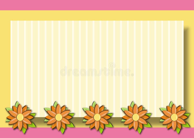 Pink layered Background with text block of yellow stripes outlined in orange daisies for use in website wallpaper design, presentation, desktop, invitation or brochure backgrounds. Pink layered Background with text block of yellow stripes outlined in orange daisies for use in website wallpaper design, presentation, desktop, invitation or brochure backgrounds.