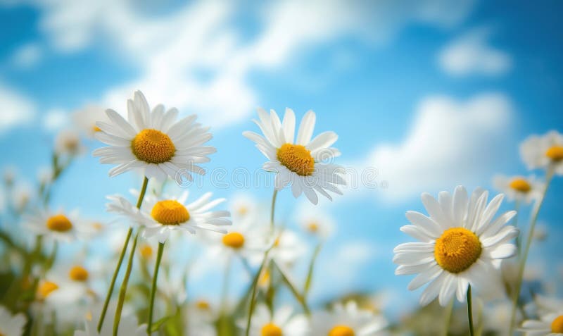 Daisies Blooming Under Blue Sky with Fluffy Clouds in Vibrant Spring ...