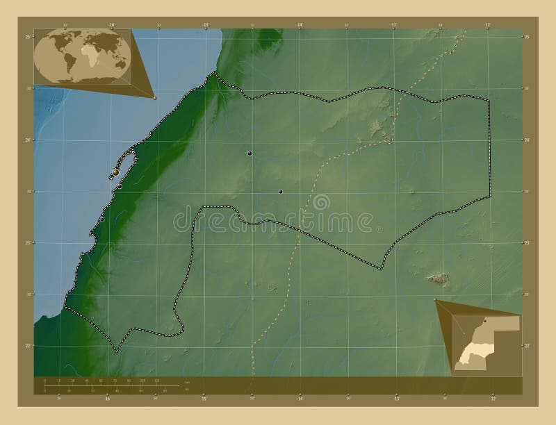 Dakhla-Oued Ed-Dahab, province of Western Sahara. Colored elevation map with lakes and rivers. Locations of major cities of the region. Corner auxiliary location maps. Dakhla-Oued Ed-Dahab, province of Western Sahara. Colored elevation map with lakes and rivers. Locations of major cities of the region. Corner auxiliary location maps