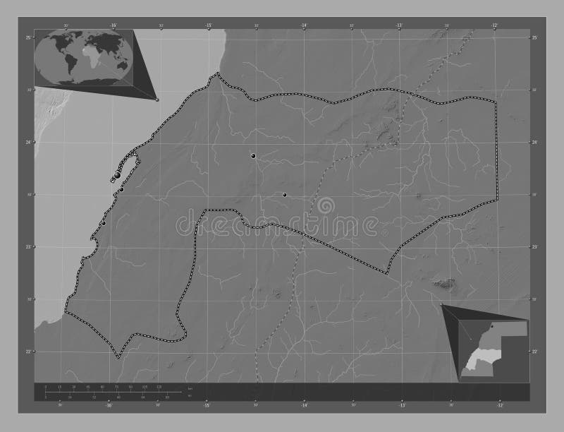 Dakhla-Oued Ed-Dahab, province of Western Sahara. Bilevel elevation map with lakes and rivers. Locations of major cities of the region. Corner auxiliary location maps. Dakhla-Oued Ed-Dahab, province of Western Sahara. Bilevel elevation map with lakes and rivers. Locations of major cities of the region. Corner auxiliary location maps