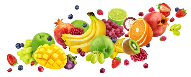 Dalende die fruitsalade op witte achtergrond met het knippen van weg wordt geïsoleerd, die vruchten en besseninzameling vliegen stock afbeeldingen Dalende die fruitsalade op witte achtergrond met het knippen van weg wordt geïsoleerd, die vruchten en besseninzameling vliegen stock afbeeldingen