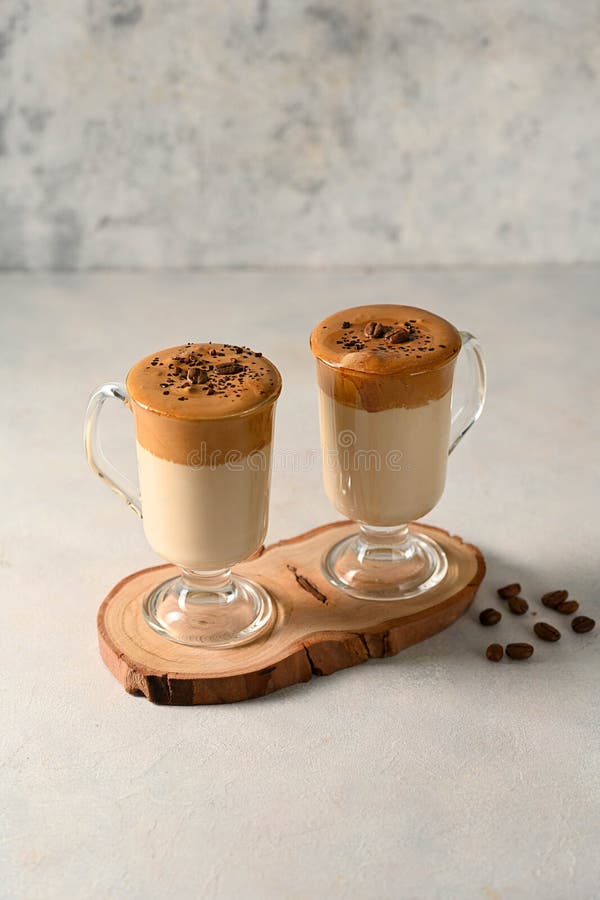 Dalgona Coffee. Iced Whipped Coffee and Milk. Refreshing Coffee Drink in Glass Cups. Stock Image