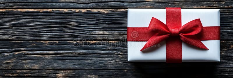 Dall'alto è visibile una scatola di regalo in legno avvolta da un nastro di satina di cremisi e inchino che incarna le idee di fotografia stock