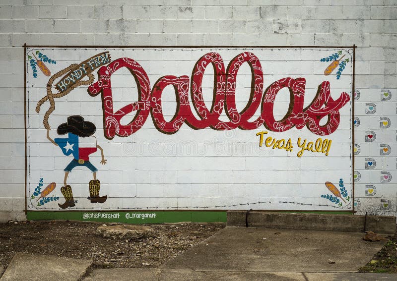 Pictured is `Dallas Postcard`, a mural by Katie Mayborn Fuerst and Margaret Tipton on the wall of a business in Oak Cliff, Dallas, Texas.  Katie received her bachelor`s degree in art from the University of North Texas.  She and Margaret painted the mural freehand with no projectors or stencils. Pictured is `Dallas Postcard`, a mural by Katie Mayborn Fuerst and Margaret Tipton on the wall of a business in Oak Cliff, Dallas, Texas.  Katie received her bachelor`s degree in art from the University of North Texas.  She and Margaret painted the mural freehand with no projectors or stencils.