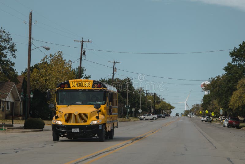 DALLAS, TEXAS - October 28,2017:Yellow school bus in a residential area, near Dallas, Texas