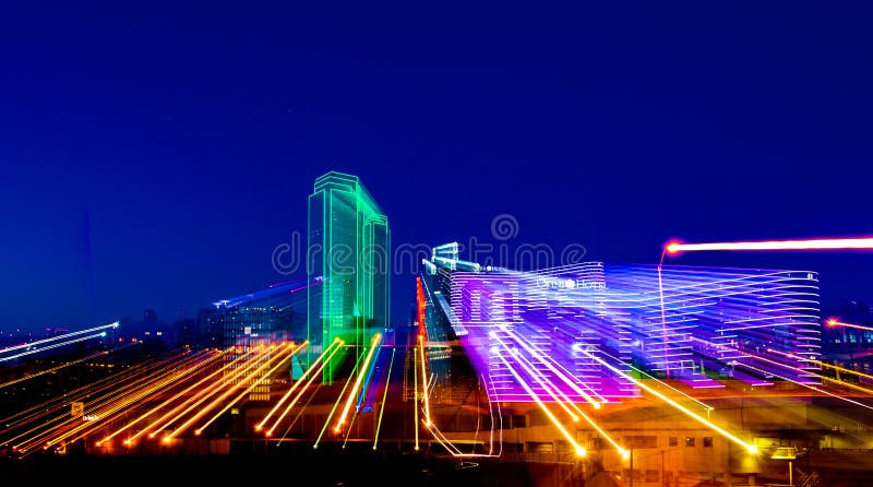 DALLAS, TX - DECEMBER 10, 2017 - Downtown Dallas skyline with light trails from the neon lit buildings royalty free stock image DALLAS, TX - DECEMBER 10, 2017 - Downtown Dallas skyline with light trails from the neon lit buildings royalty free stock image