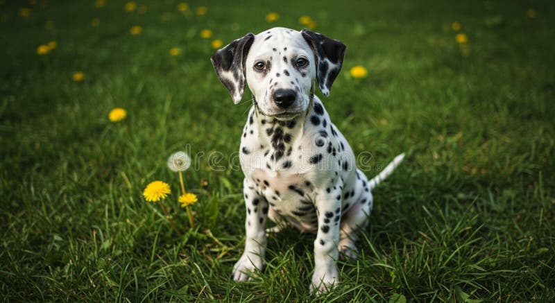 Dalmatisk valp med svarta prickar på gröngräs omgiven av gula dandelioner royaltyfri illustrationer