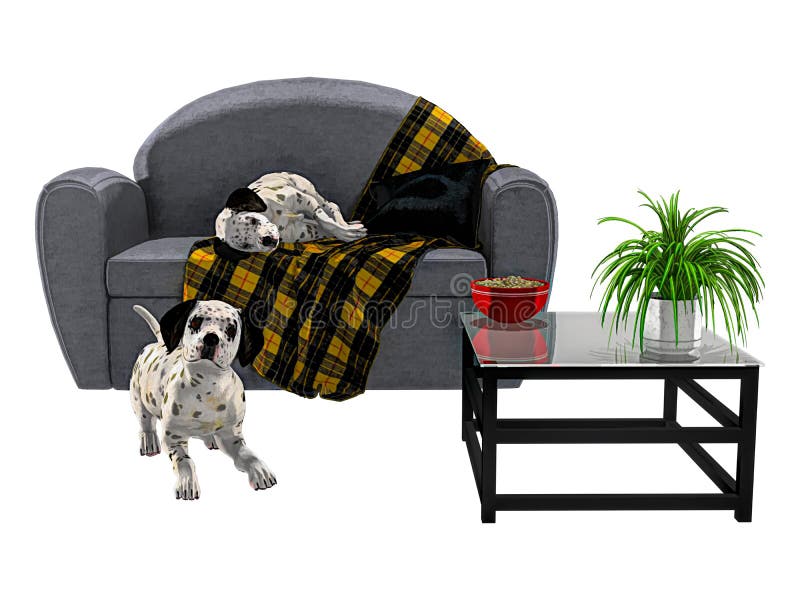 3D digital painterly retro style illustration of two Dalmatian puppies and a big grey sofa. Isolated on white background. One of a series. 3D digital painterly retro style illustration of two Dalmatian puppies and a big grey sofa. Isolated on white background. One of a series