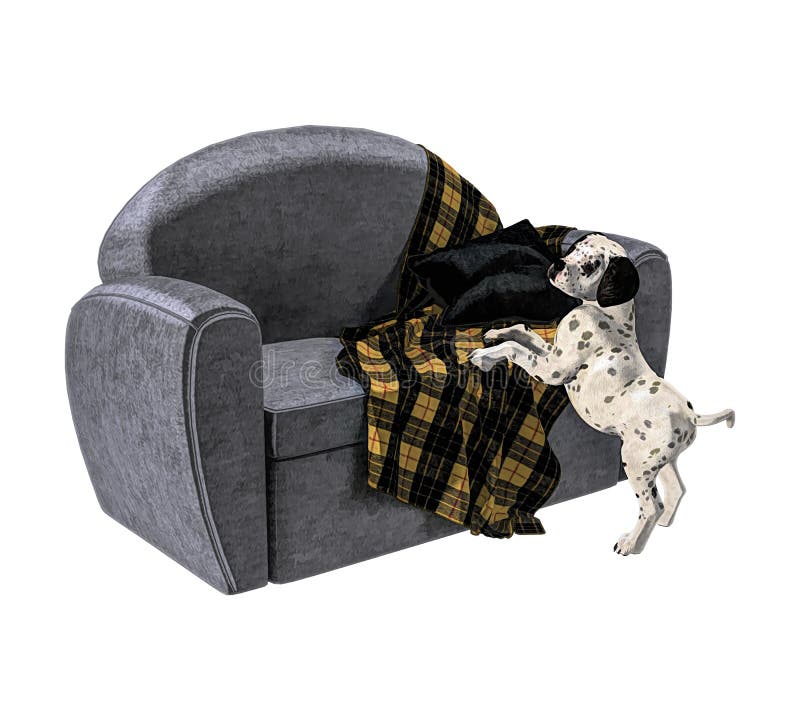 3D digital painterly retro style illustration of a Dalmatian puppy with its paws on a big grey sofa. Isolated on white background. One of a series. 3D digital painterly retro style illustration of a Dalmatian puppy with its paws on a big grey sofa. Isolated on white background. One of a series