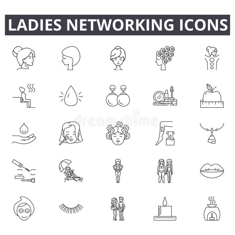 Dama networking linii ikony, znaki, wektoru set, kontur ilustracji pojęcie ilustracji