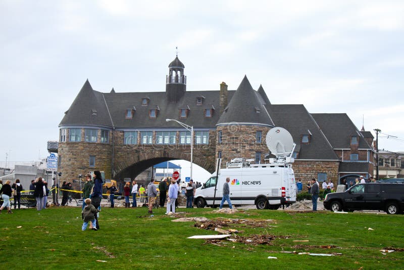 Debris washed ashore from Superstorm Sandy rests in the common by the famous Towers in Narragansett, Rhode Island. Debris washed ashore from Superstorm Sandy rests in the common by the famous Towers in Narragansett, Rhode Island.