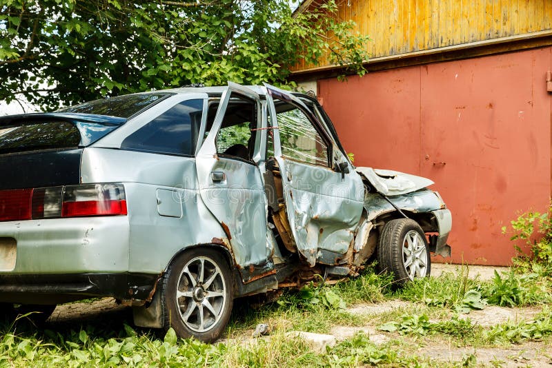 Damaged Car after Accident Near Garage in the Yard Stock Image - Image ...