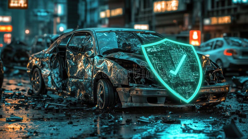 Damaged car with glowing shield symbolizing insurance protection in chaotic urban setting vector illustration