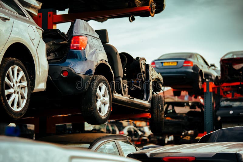 Damaged cars waiting in a scrapyard to be recycled or used for spare part