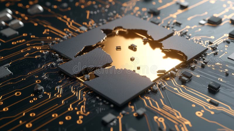 Damaged computer chip, closeup of a hole in microchip circuitry exploring technology\'s vulnerability stock illustration