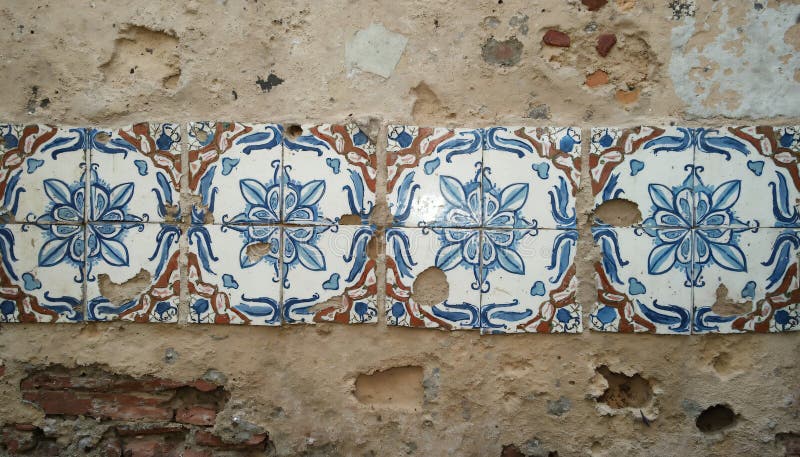 Damaged Decorative Tiles on Plastered Brick Wall royalty free illustration