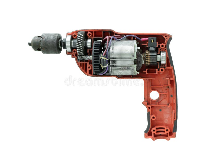 Damaged Drilling Machine Uncover isolated on white background stock photography