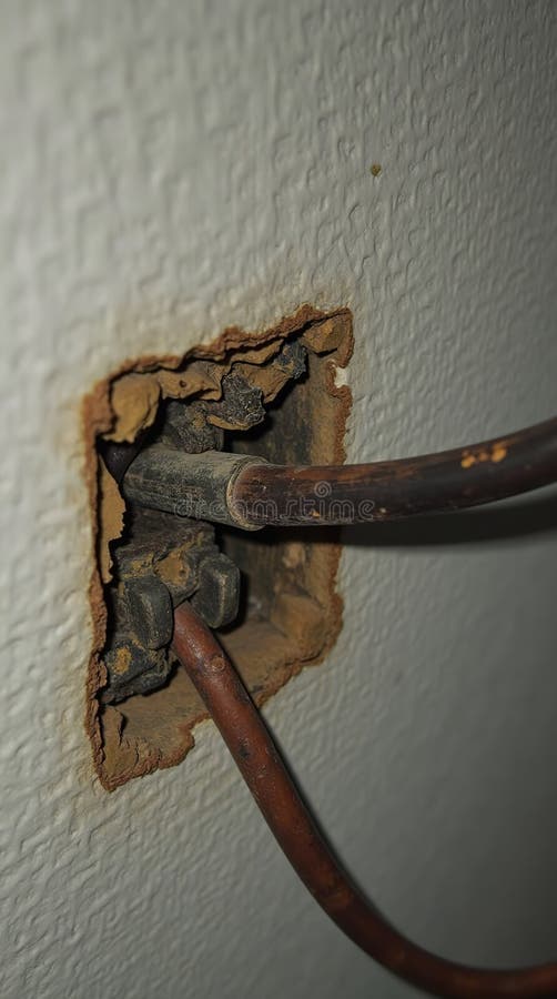 Close-up of a damaged electrical extension cord in a worn and exposed wall socket, highlighting safety concerns and electrical hazards in residential settings - generated AI. Damaged extension cord stock images, royalty-free photos and pictures