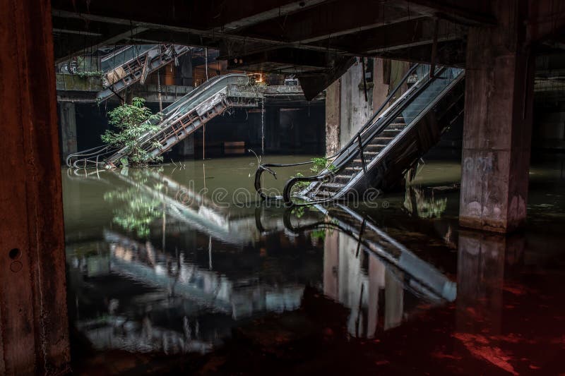 Damaged escalators and waterlogged in abandoned shopping mall building