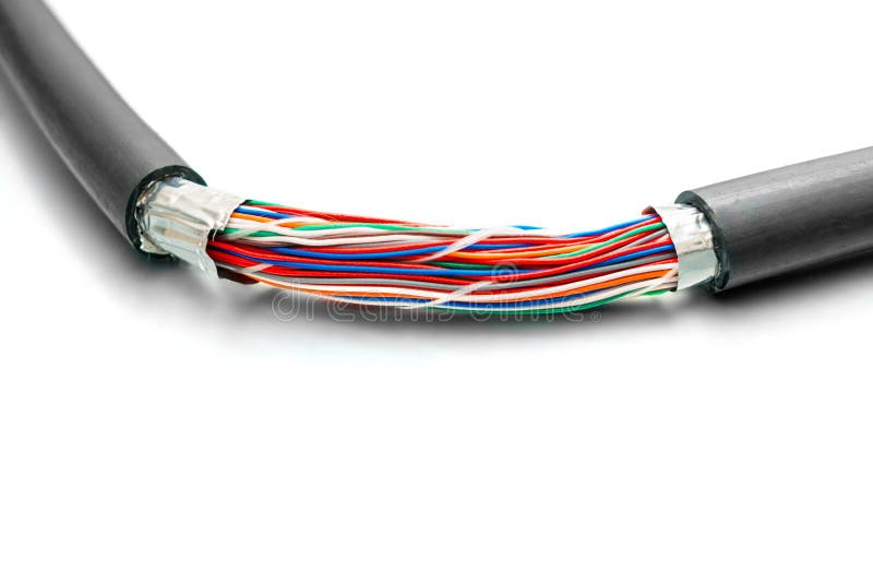 Damaged Isolation of main Internet Backbone channel is on a white background. Multicolored trunk cable is torn off. Multichannel communication line. High speed data transfe. Damaged extension cord stock images, royalty-free photos and pictures