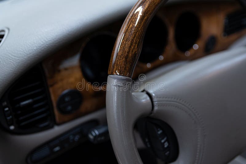 Damaged Leather Steering Wheel in Classic Car Stock Image Image of