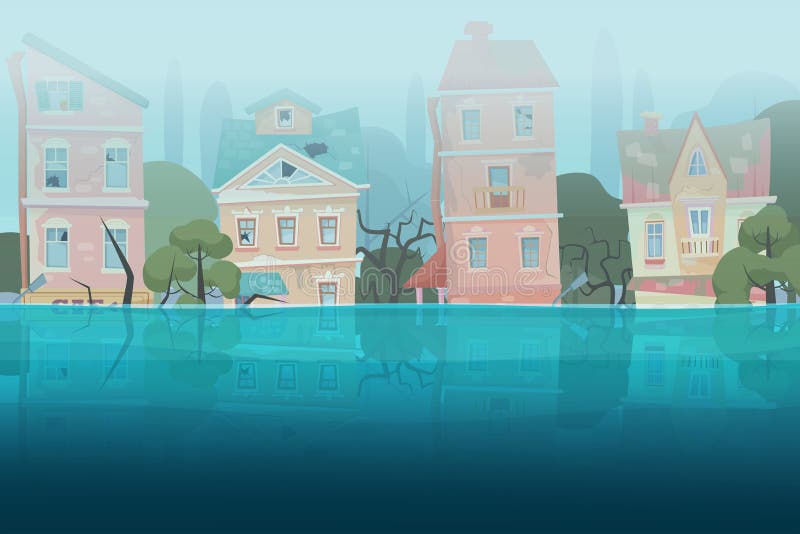 Damaged by Natural Disaster Flood Houses and Trees Partially Submerged in  the Water in Cartoon City Concept. Storm City Stock Vector - Illustration  of downtown, environment: 139573592