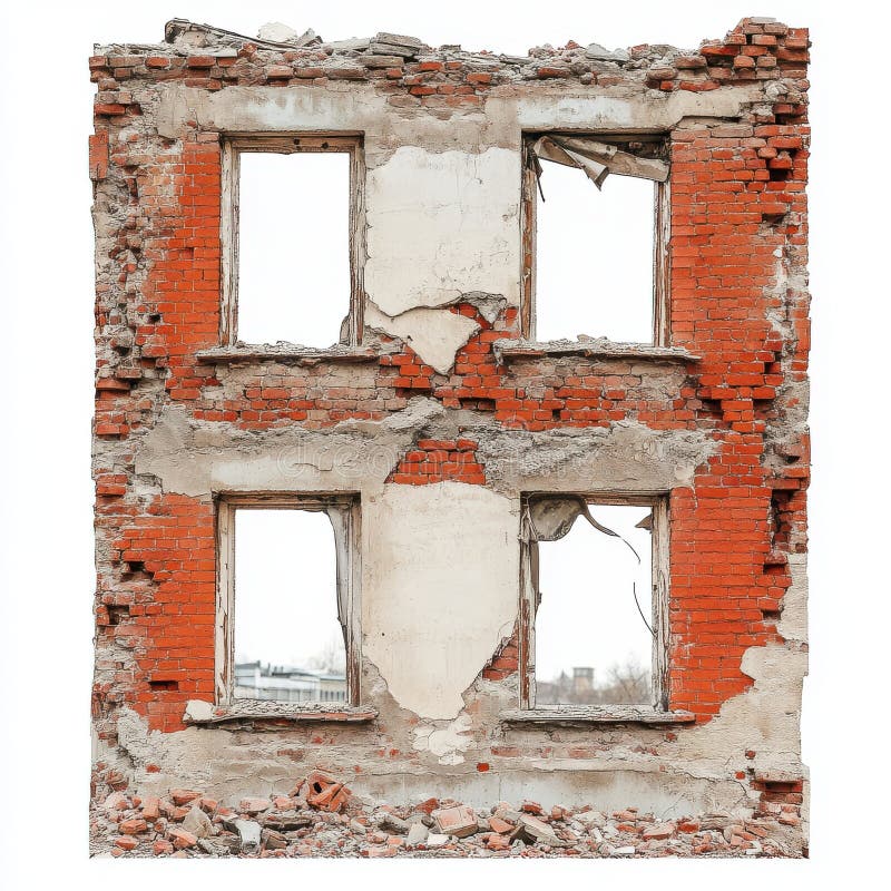 Damaged Red Brick Wall Section with Empty Window Frames stock illustration