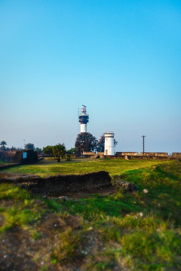 Daman Lighthouse Wide Angle Photo with Lighthouse in Focus Stock Image