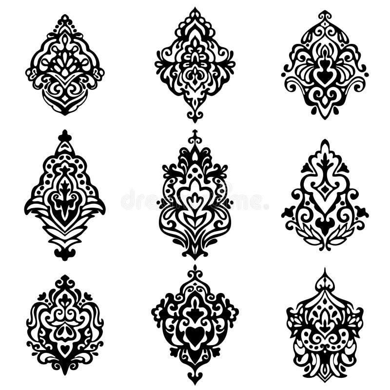 Damask Flower Ornamental Designs Stock Vector Illustration of black