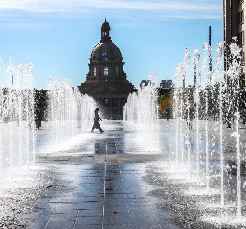 Dame, die durch Wasser vor Gesetzgebungsgebäude geht lizenzfreies stockbild Dame, die durch Wasser vor Gesetzgebungsgebäude geht lizenzfreies stockbild