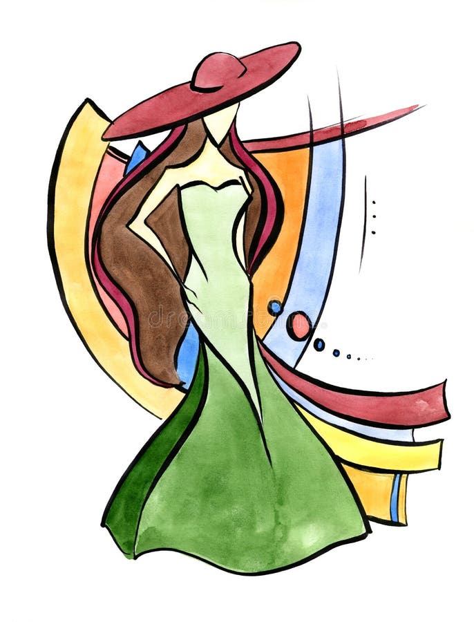 Dame in groene kleding en rode hoed royalty-vrije illustratie Dame in groene kleding en rode hoed royalty-vrije illustratie
