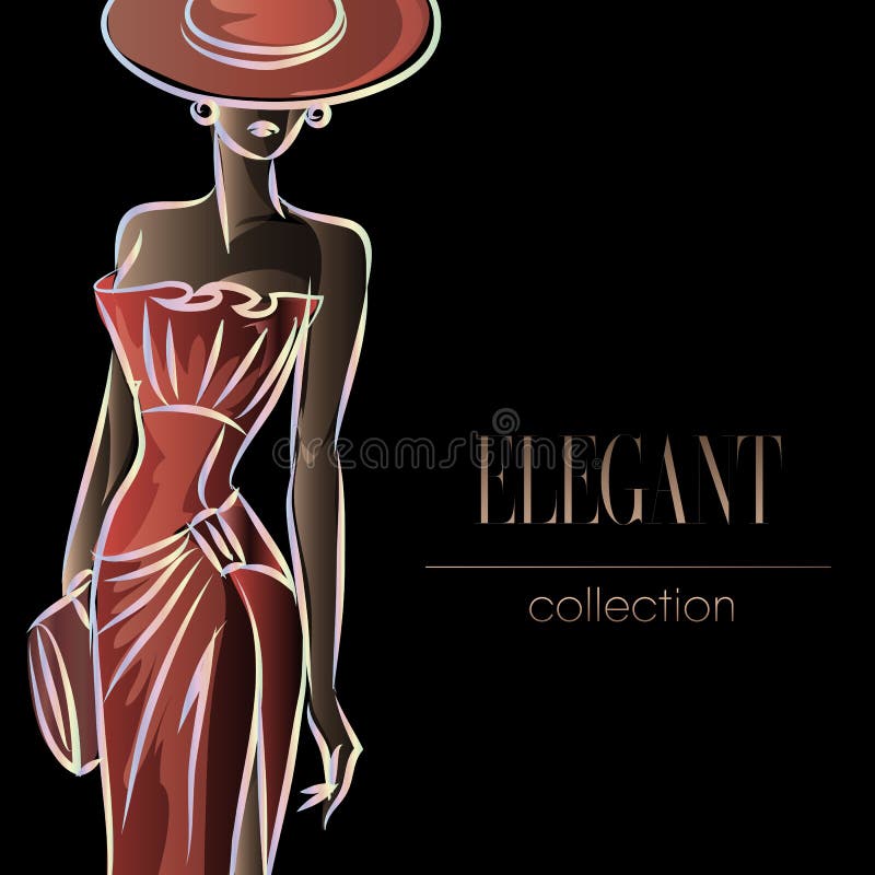 Dame im Rot, Modefrauenschattenbild, schönes Mode-Modell auf schwarzer Hintergrundlogoillustration