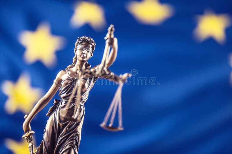 Lady Justice and European Union flag. Symbol of law and justice with EU Flag. Lady Justice and European Union flag. Symbol of law and justice with EU Flag.