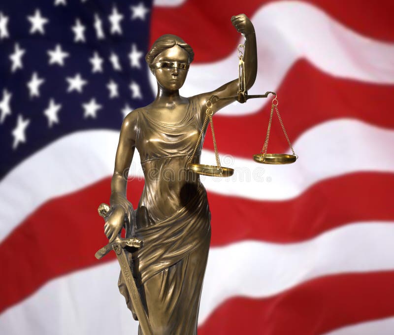 Lady of Justice on rippled US flag. Lady of Justice on rippled US flag