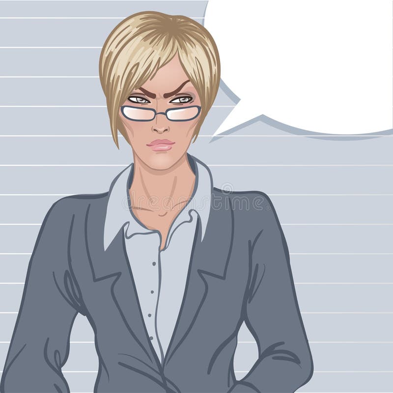 Strict Boss: Angry upset young business woman with blank speech bubble on white on gray background. Vector illustration. Strict Boss: Angry upset young business woman with blank speech bubble on white on gray background. Vector illustration.