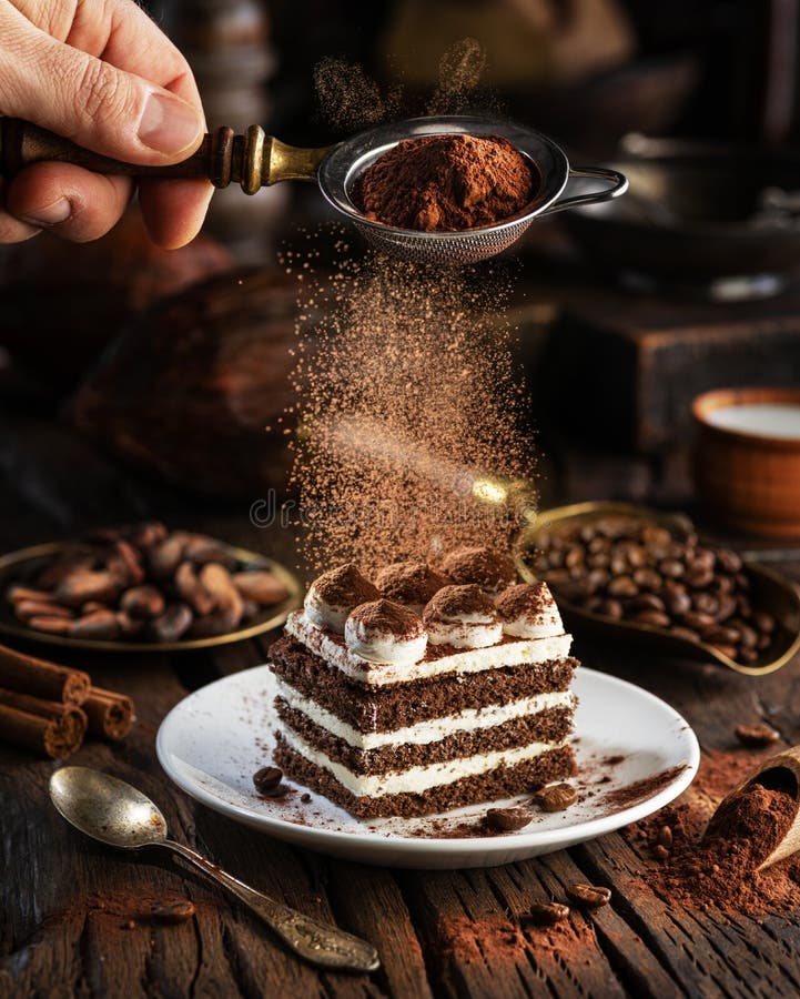 Dusting tiramisu-like cake with cocoa powder. Still life with slice of cake and coffee and cacao beans on wooden table. Dusting tiramisu-like cake with cocoa powder. Still life with slice of cake and coffee and cacao beans on wooden table.