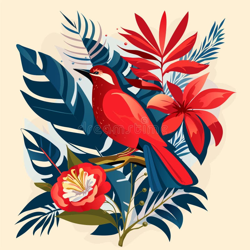 Dammprydnadschristmas, tropiska blommor och exotiska fåglar, trendformande element för semestersemester vektor illustrationer