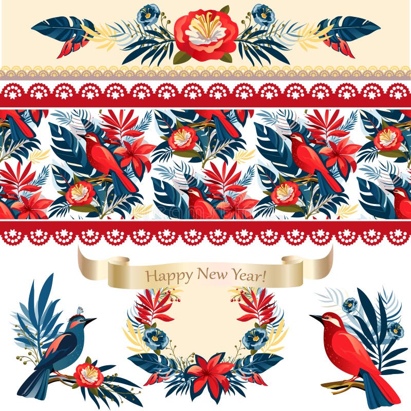 Dammprydnadschristmas, tropiska blommor och exotiska fåglar, trendformande element för semestersemester royaltyfri illustrationer