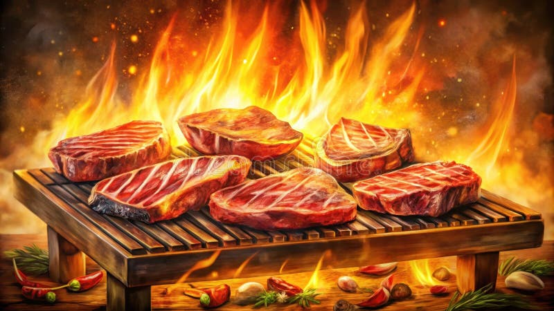Dampf-Zwiebeln auf feuertem Grill-Zittern glänzen aromatische Kräuter und Gewürze umgeben. Generative AI lizenzfreie abbildung
