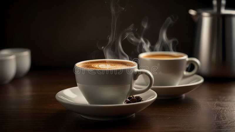 Dampfanstiege aromatische Kaffee Latte Cups Dunkles Holz Einstellung stock abbildung