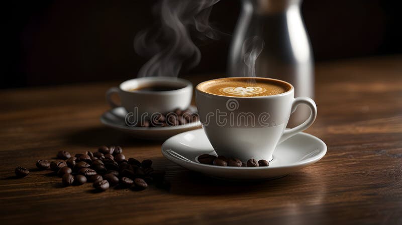 Dampfend Latte Art Kaffeekuchen Bohnen Dunkles Holz Hintergrund vektor abbildung
