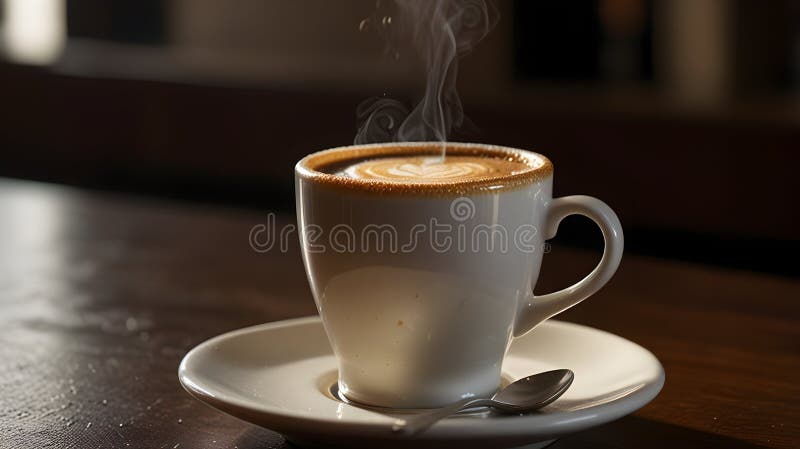 Dampfkaffee-Cup Latte Art Dunkelholz Tischanordnung vektor abbildung