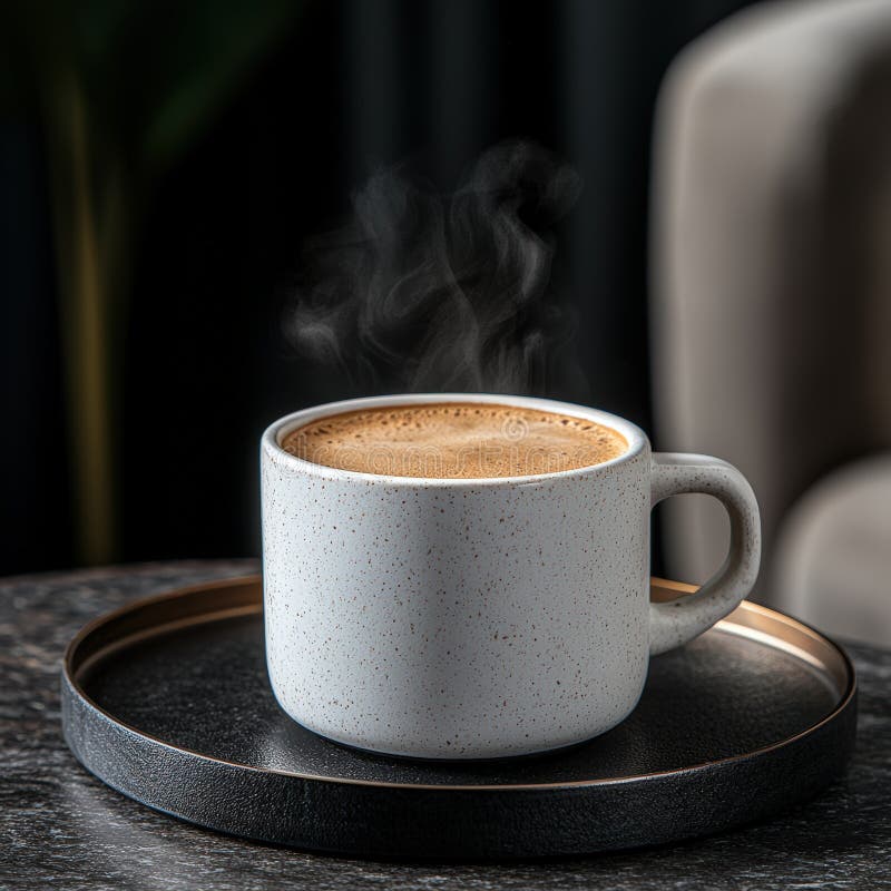 Dampfkaffee in einem gesprenkelten Keramikkrug am Tablett. vektor abbildung