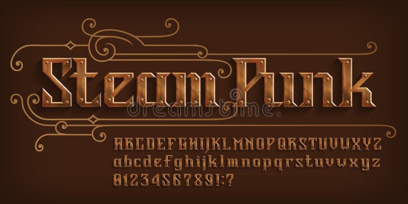 Steam Punk alphabet font. Rivet letters and numbers and symbols. Uppercase and lowercase. Stock vector typescript for your design. Steam Punk alphabet font. Rivet letters and numbers and symbols. Uppercase and lowercase. Stock vector typescript for your design.
