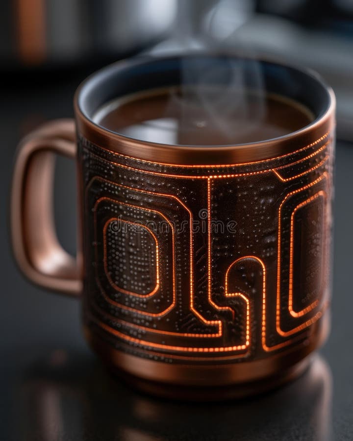 Dampftasse Kaffee mit abstrakter Leiterplattenkonstruktion stock abbildung