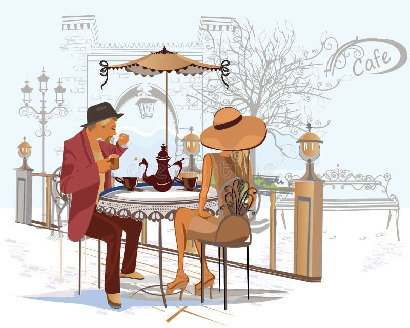 Dana par som dricker kaffe på gatakafét stock illustrationer